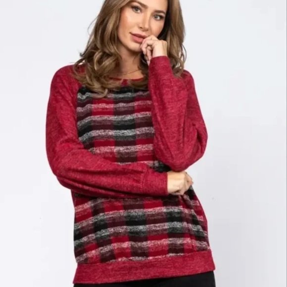 Ces Femme Sweaters - Sangria WINE BLACK PLAID Oversized CONTRAST KNIT TOP